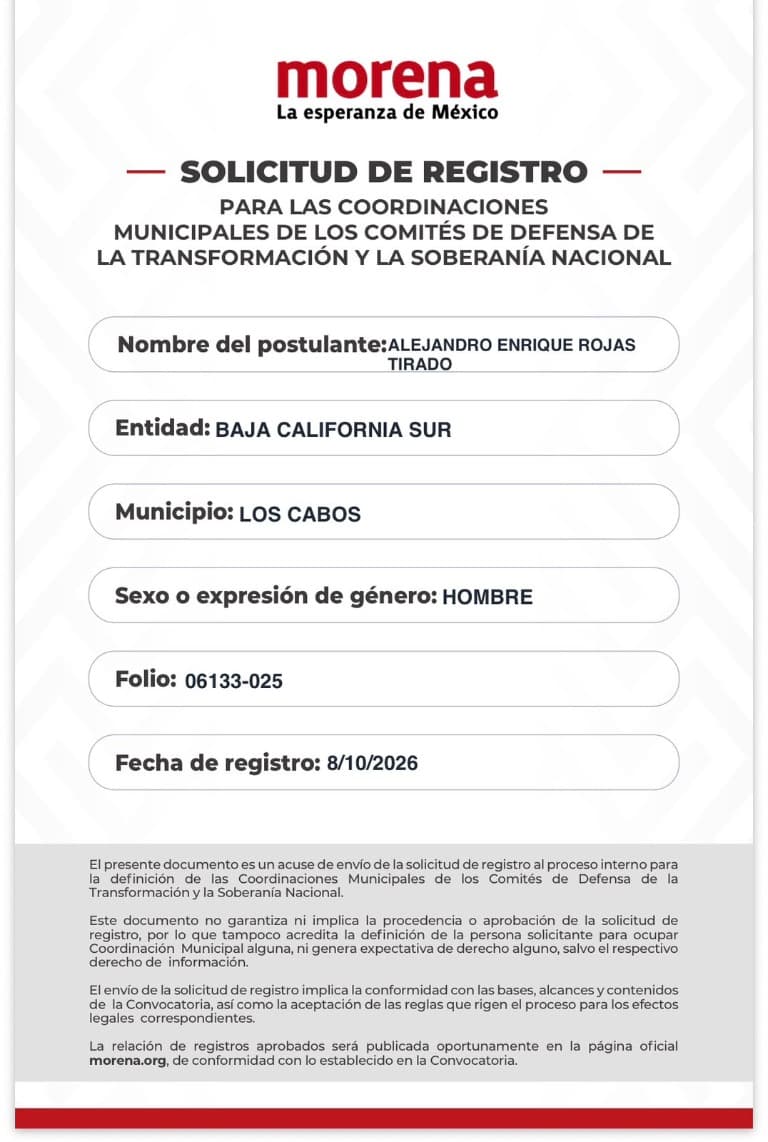 Acuse de envío de una solicitud para las coordinaciones municipales de los Comités de Defensa de la Transformación y la Soberanía Nacional.